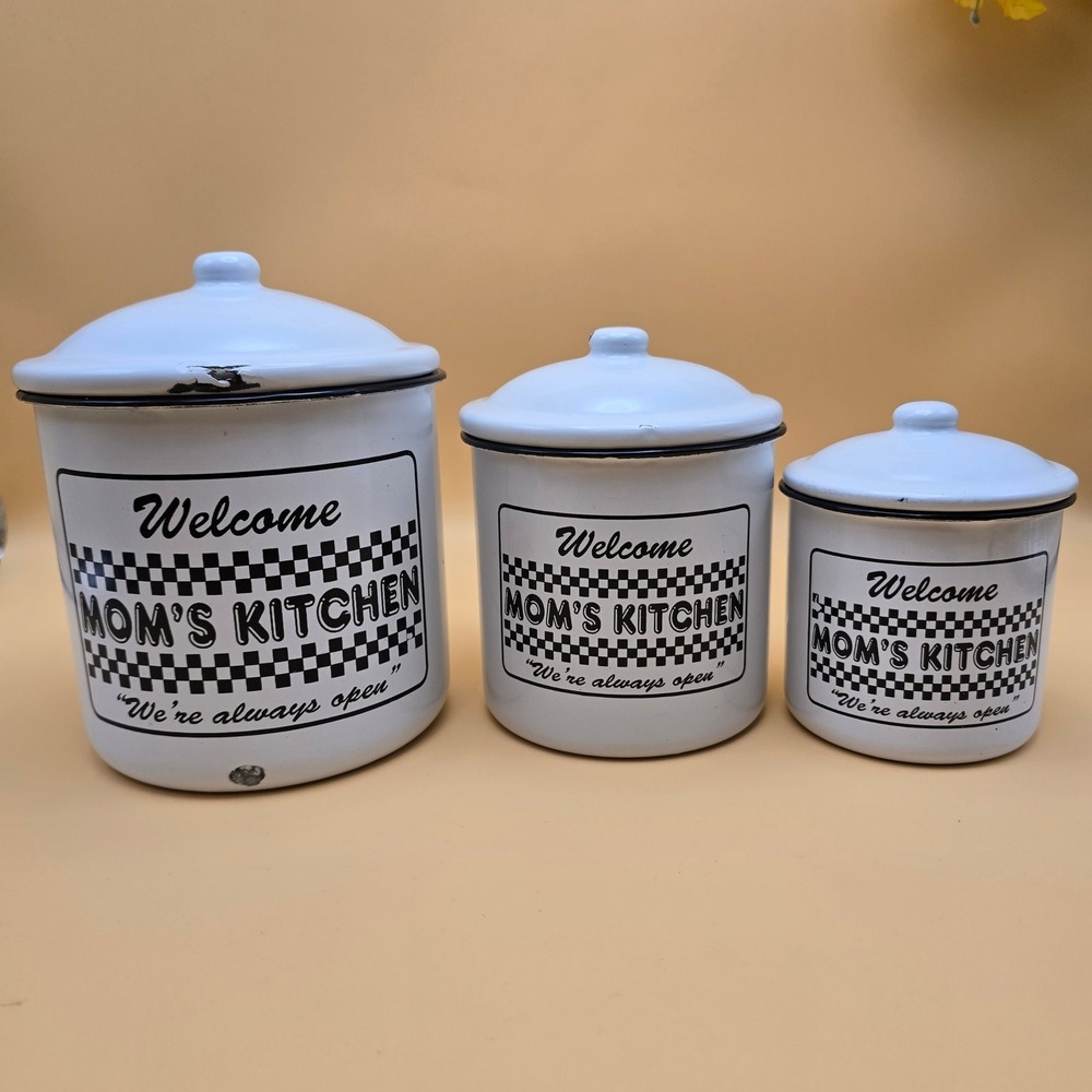 Vintage Mom's Kitchen Enamel Canister Set White Black Checkered 3 Piece Rustic